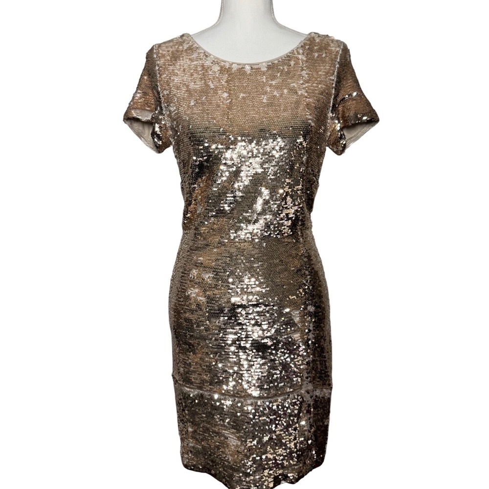 ark & co. Sequin Sheath Dress M Gold Short Sleeve V-Back